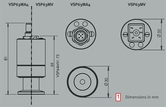 Габаритные размеры вакуумных датчиков VSP63,